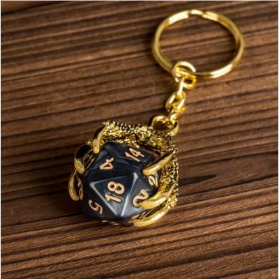 Porte clef dragon avec D20 Noir Blanc