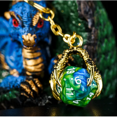 Porte clef dragon avec D20 Bleu Vert