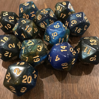 Dés Glitter - D20 - Bleu / Jaune- Doré - Udixi