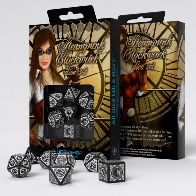 Steampunk Clockwork- Set de dés - Noir - Blanc - Qworkshop