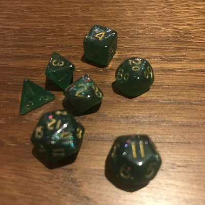 Mini Dice - Set 7 dés - Vert - Brillant - Pailette - Doré - MG Dice